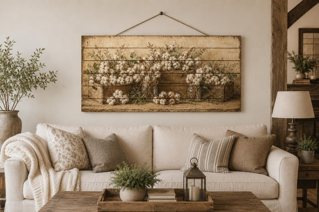 Rustic wood wall art featuring cotton stems in crates above a neutral sofa in a farmhouse living room