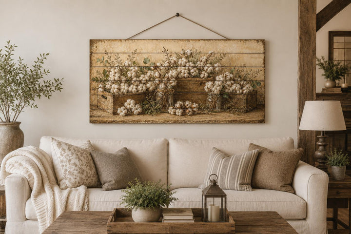 Rustic wood wall art featuring cotton stems in crates above a neutral sofa in a farmhouse living room