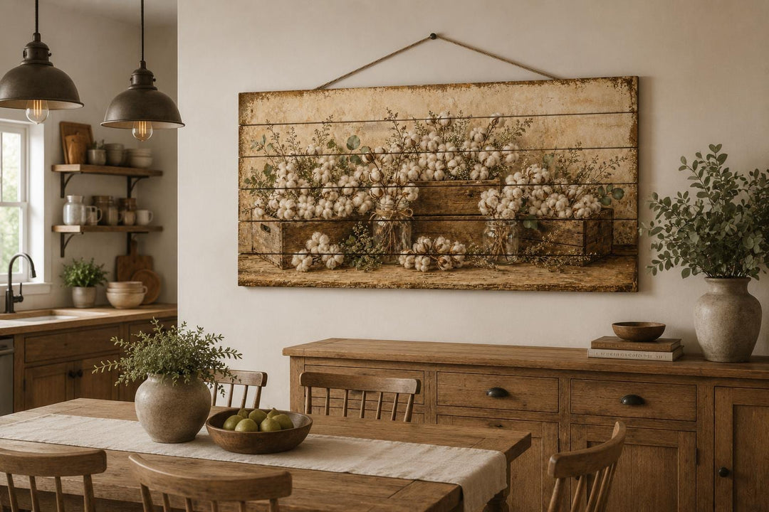Rustic wood wall art featuring cotton stems in wooden crates above a farmhouse dining table.