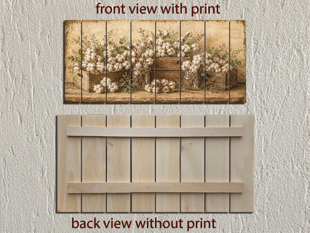 Front and back view of rustic cotton stems in wooden crates printed on distressed wood wall art.
