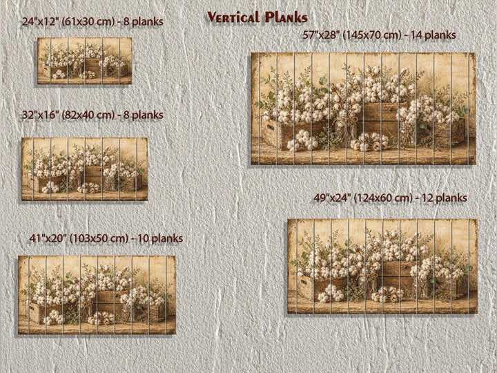 Cotton Stems in Wooden Crates rustic wood wall art shown in five vertical plank size options.
