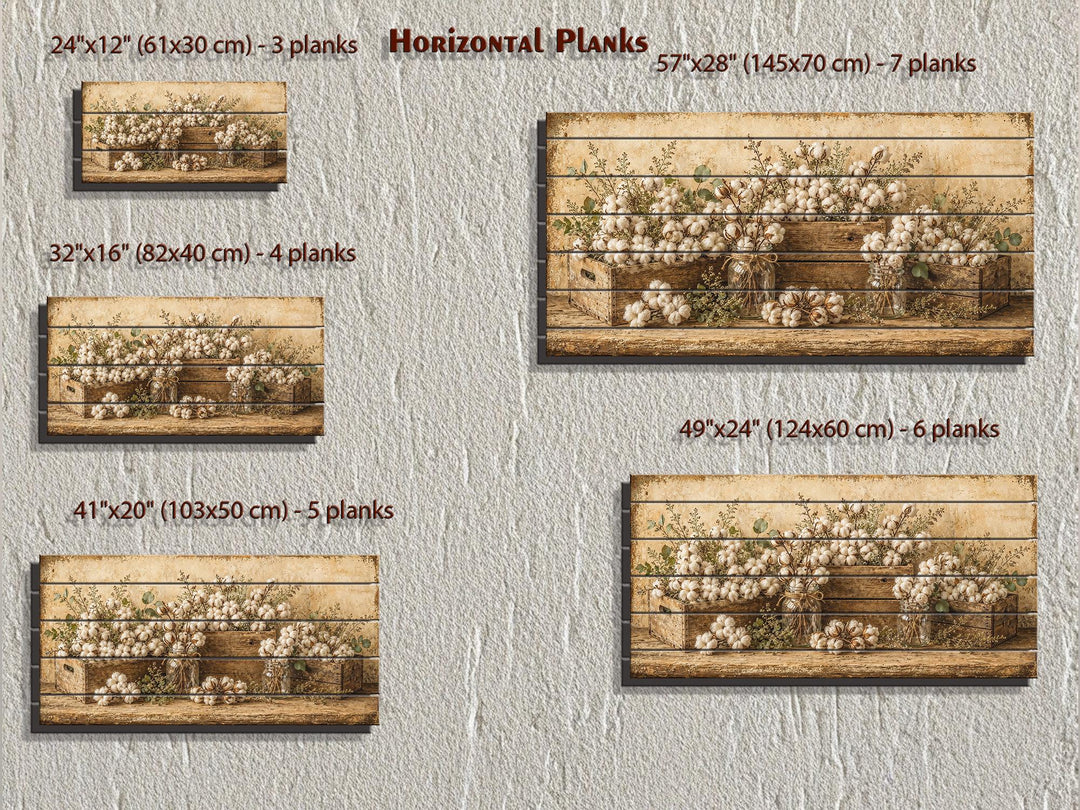 Five sizes of Cotton Stems in Wooden Crates rustic wood wall art with horizontal plank counts.