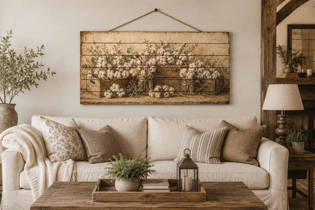 Rustic wood wall art featuring cotton stems in crates hanging above a neutral farmhouse sofa.