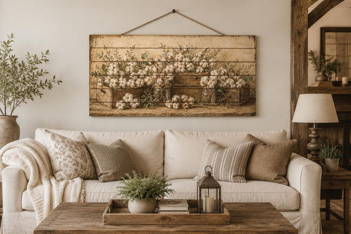 Rustic wood wall art featuring cotton stems in crates hanging above a neutral farmhouse sofa.