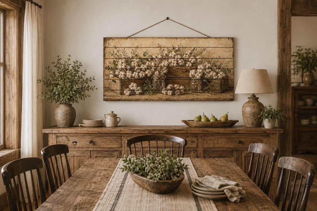 Rustic wood wall art featuring cotton stems in crates above a farmhouse dining room buffet.