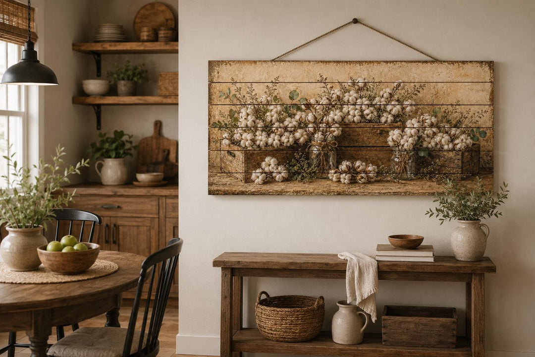 Rustic farmhouse wood wall art featuring cotton stems in wooden crates on a distressed panel.