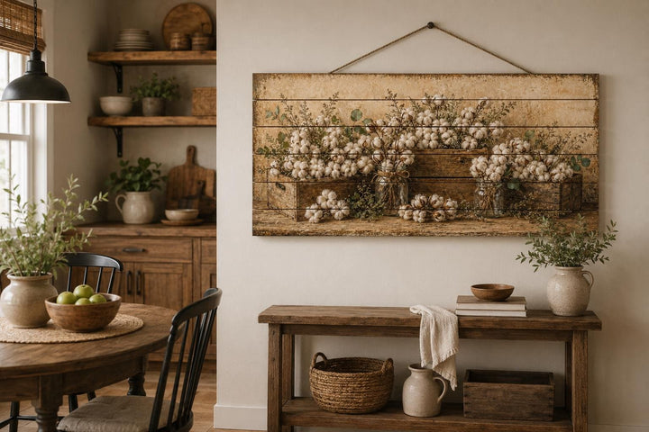 Rustic farmhouse wood wall art featuring cotton stems in wooden crates on a distressed panel.