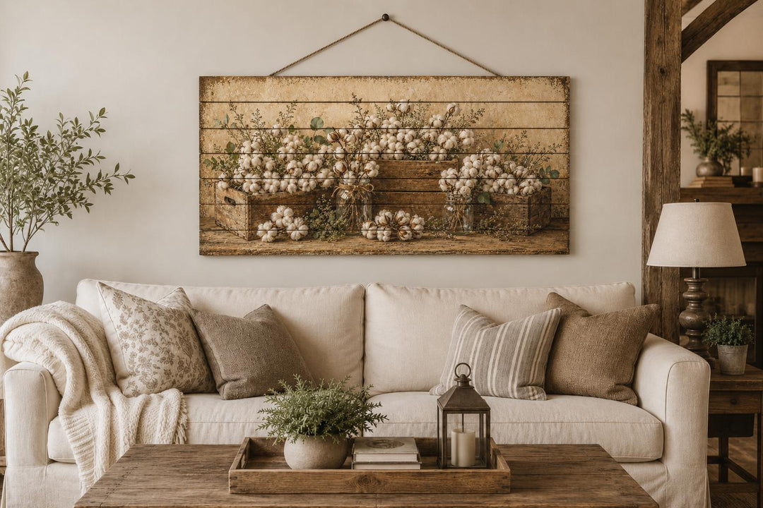 Rustic wood wall art featuring cotton stems in crates above a neutral farmhouse sofa.