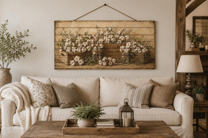 Rustic wood wall art featuring cotton stems in crates above a neutral farmhouse sofa.