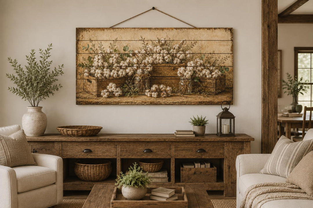 Rustic farmhouse wall art featuring cotton stems in wooden crates printed on distressed wood.