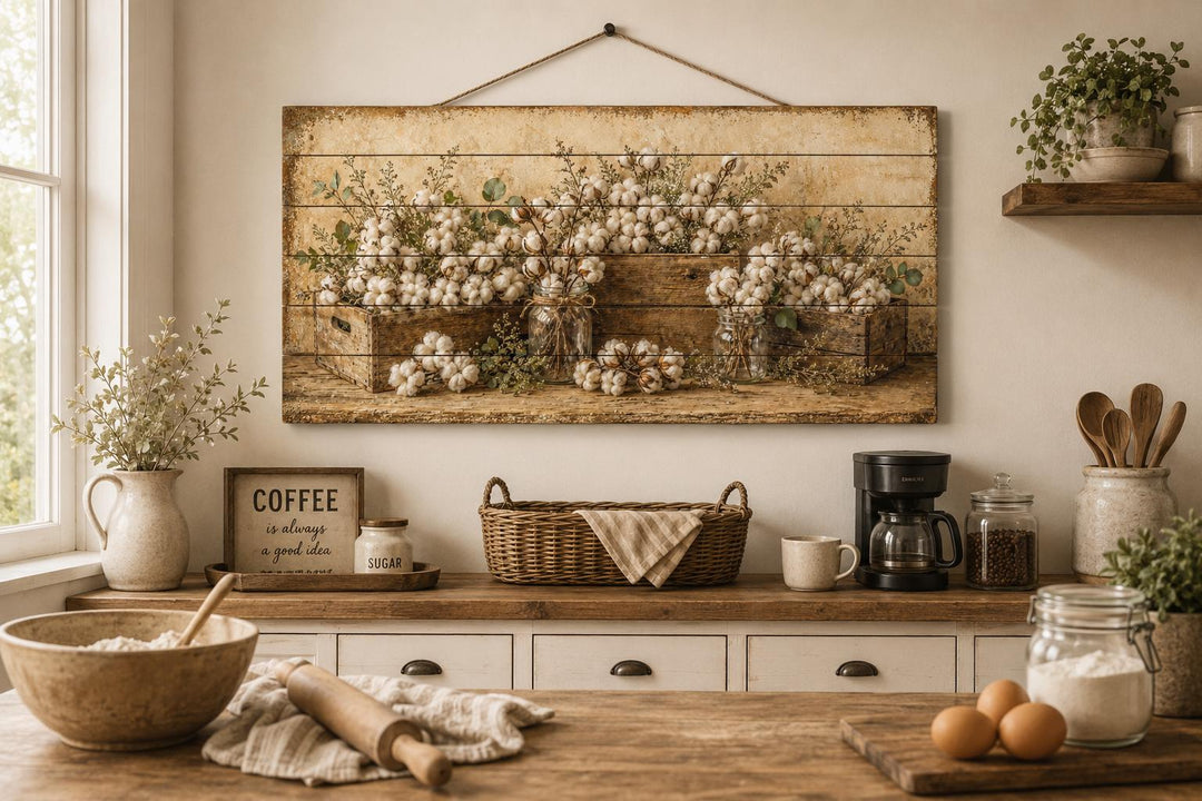 Rustic wood wall art featuring cotton stems in crates above a farmhouse kitchen counter.