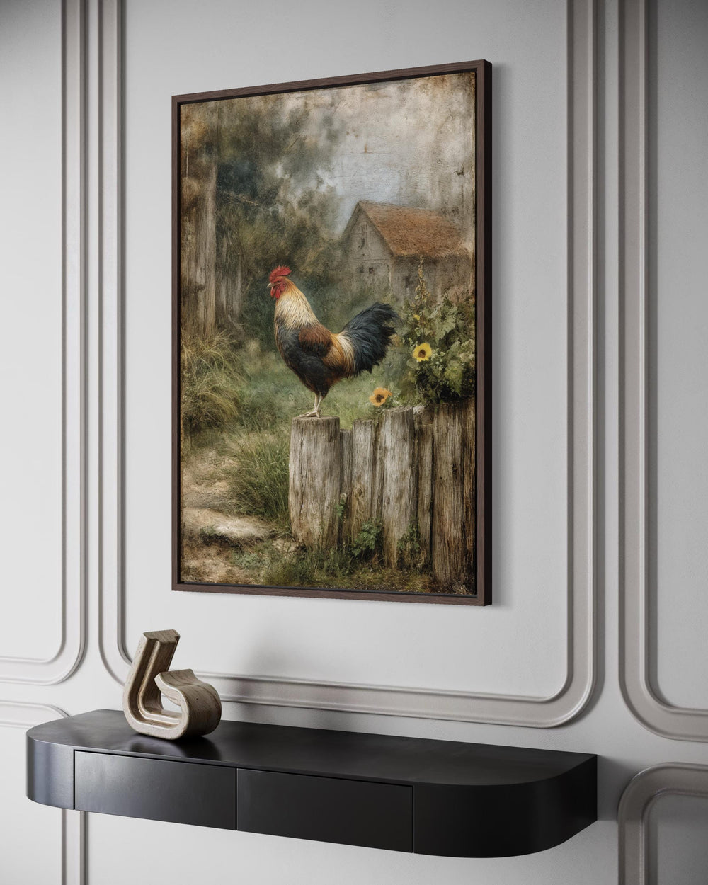 A framed canvas print of a rooster on a wooden fence with a rustic barn landscape in the background.