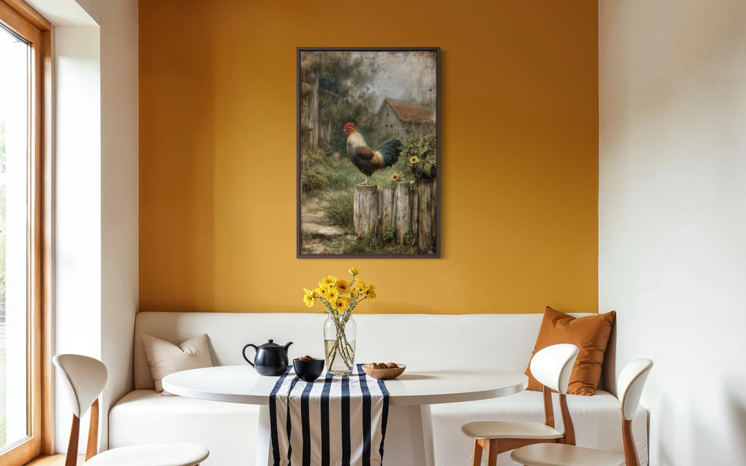A framed canvas print of a rooster on a fence hangs on a yellow wall above a modern dining nook.