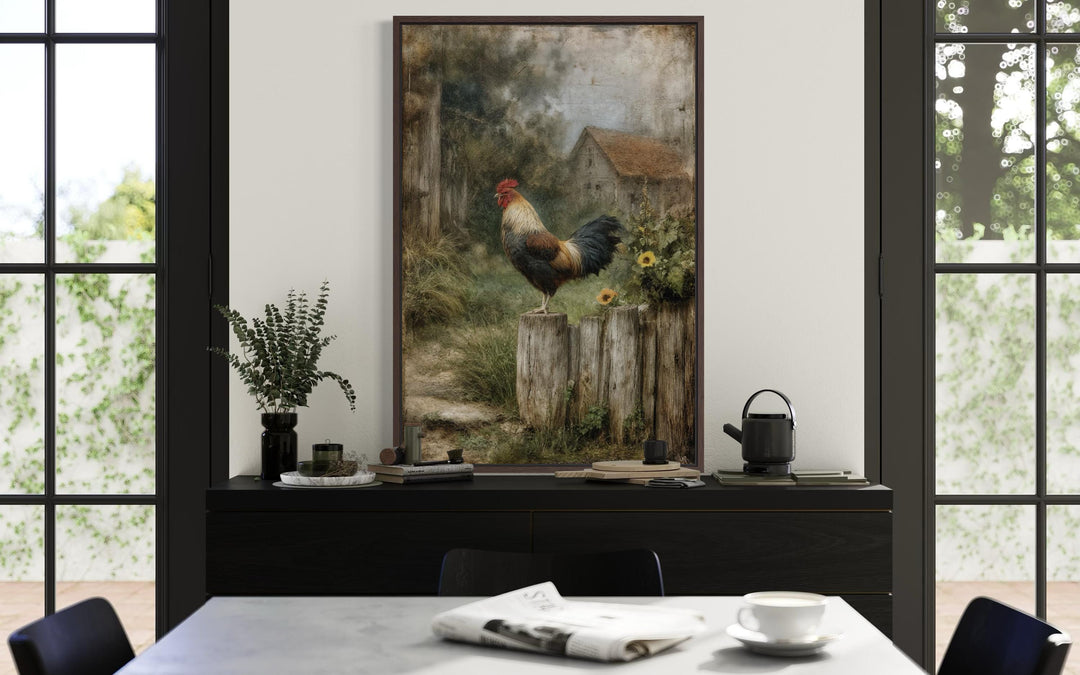 A framed canvas print of a rooster on a wooden fence with a rustic barn landscape in the background.