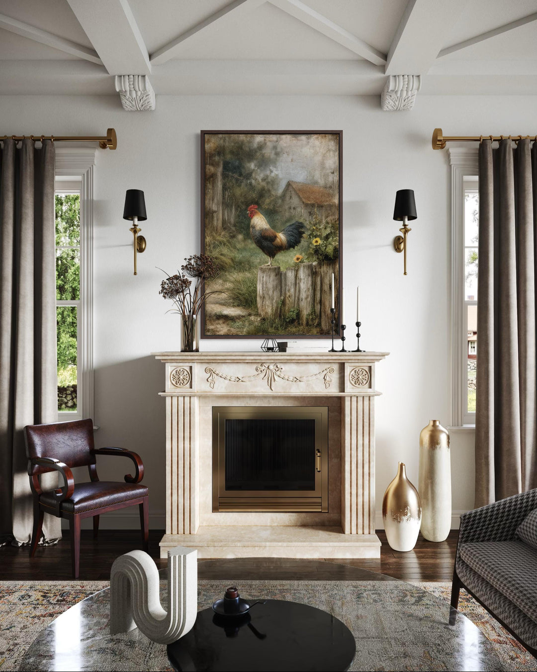 A vertical canvas print of a country rooster on a wooden fence with a barn landscape background.