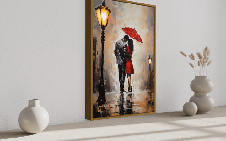 Couple In Love In The Rain Under Umbrella Romantic Framed Canvas Wall Art