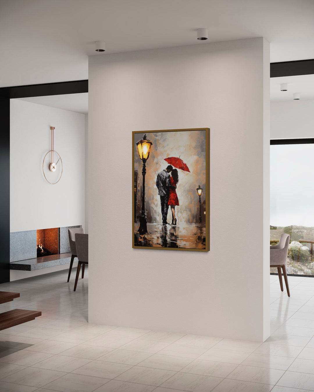 Couple In Love In The Rain Under Umbrella Romantic Framed Canvas Wall Art