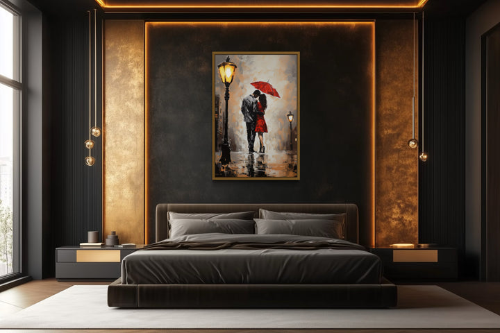 Couple In Love In The Rain Under Umbrella Romantic Framed Canvas Wall Art