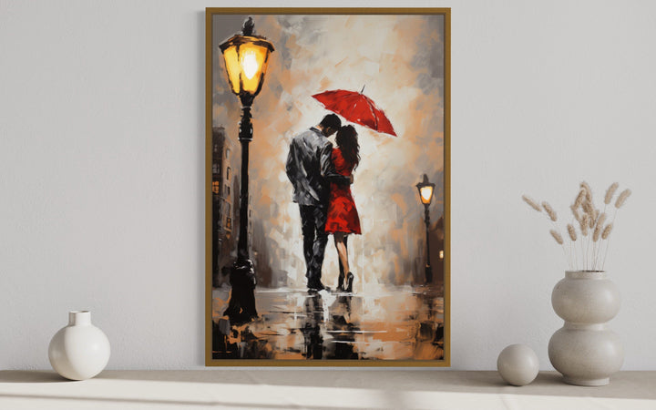 Couple In Love In The Rain Under Umbrella Romantic Framed Canvas Wall Art