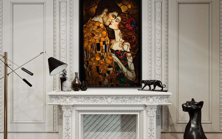 Couple Kissing Gustav Klimt Inspired Romantic Framed Canvas Wall Art