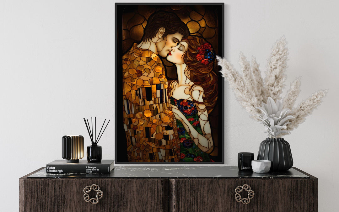 Couple Kissing Gustav Klimt Inspired Romantic Framed Canvas Wall Art