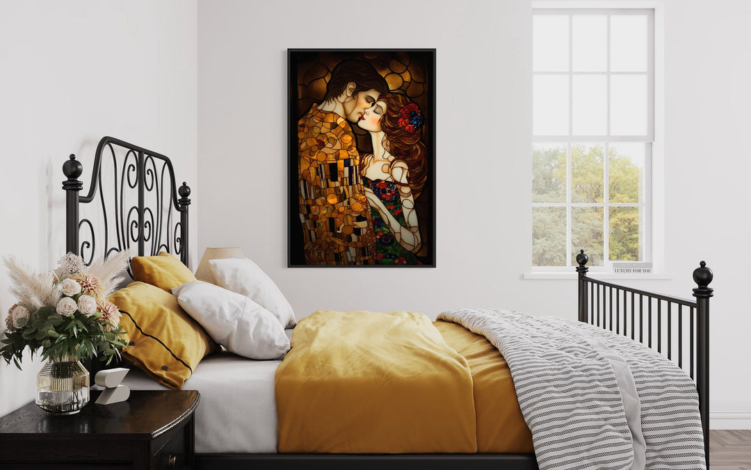 Couple Kissing Gustav Klimt Inspired Romantic Framed Canvas Wall Art