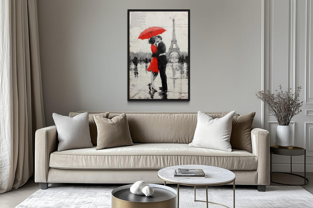 Couple Under Red Umbrella Kissing In Paris Romantic Canvas Wall Art