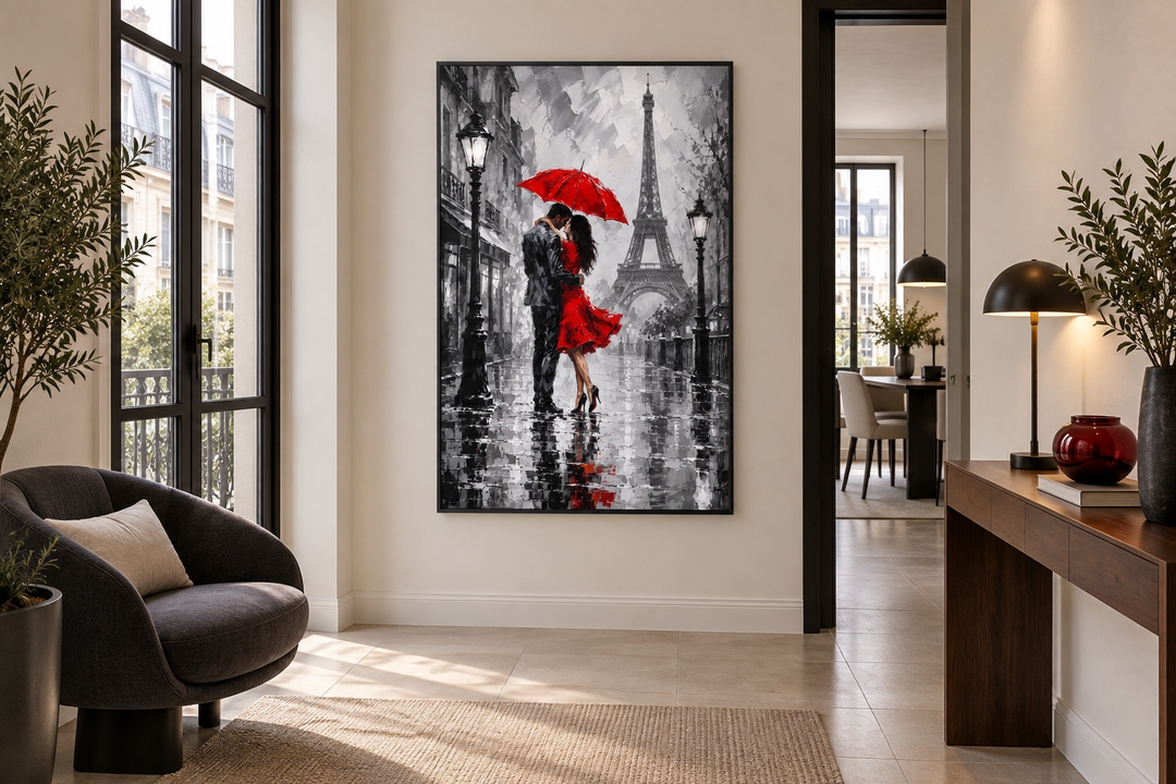 Romantic vertical canvas art of a couple kissing under a red umbrella in a grayscale Paris scene.