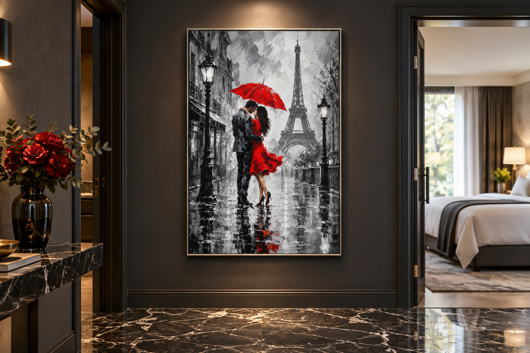 Romantic canvas art of a couple kissing under a red umbrella in Paris with the Eiffel Tower.