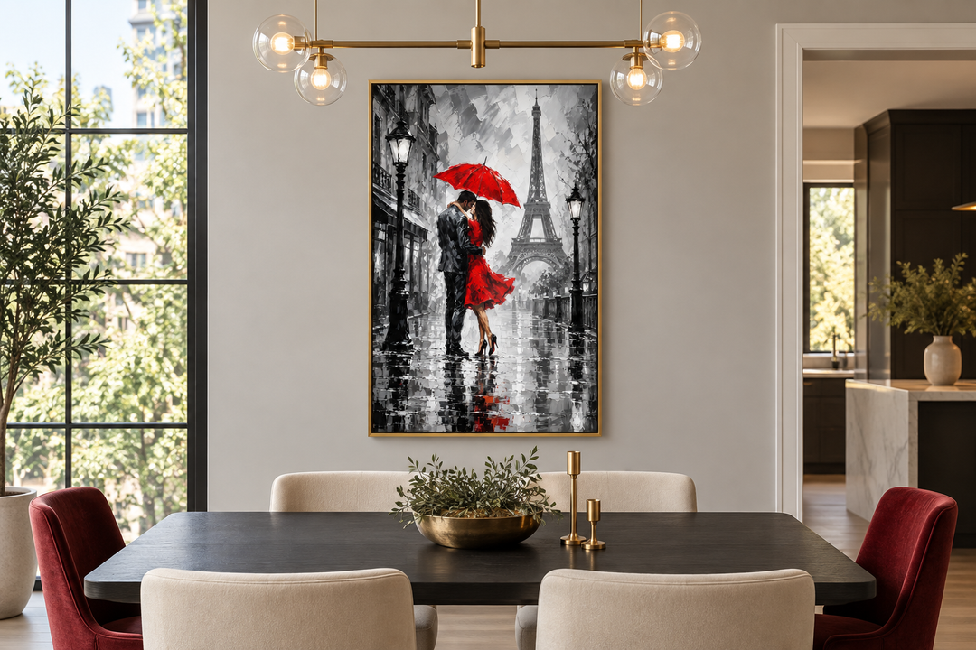 Romantic vertical canvas art of a couple kissing under a red umbrella in a grayscale Paris scene.