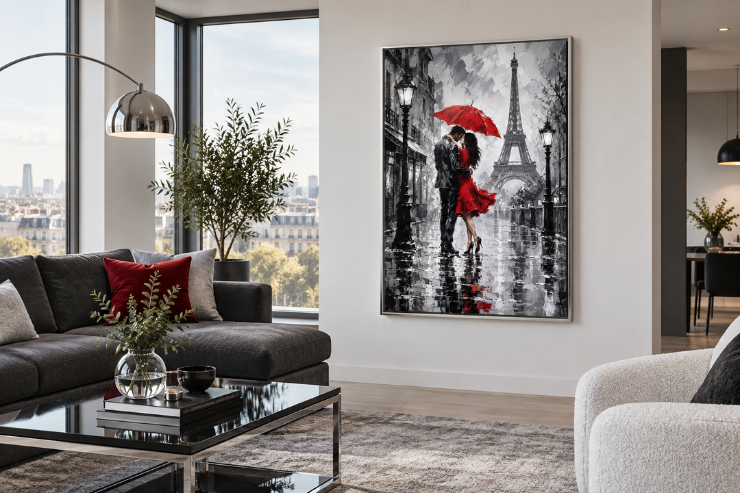 Romantic canvas wall art of a couple kissing under a red umbrella in Paris with the Eiffel Tower.