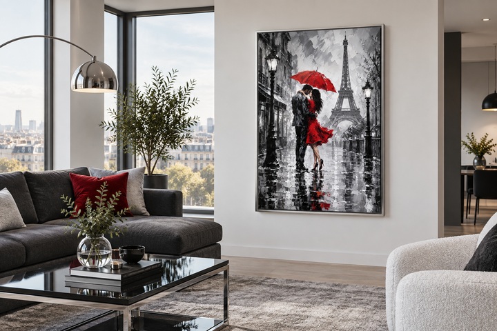 Romantic canvas wall art of a couple kissing under a red umbrella in Paris with the Eiffel Tower.