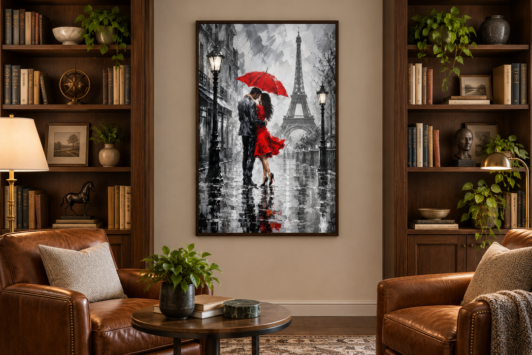 Romantic canvas art of a couple kissing under a red umbrella in Paris, displayed in a library.