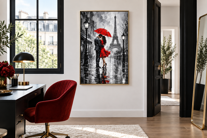 Romantic canvas wall art of a couple kissing under a red umbrella in Paris with the Eiffel Tower.
