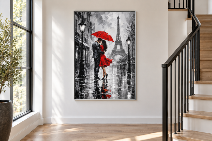 Romantic canvas wall art of a couple kissing under a red umbrella in Paris near the Eiffel Tower.