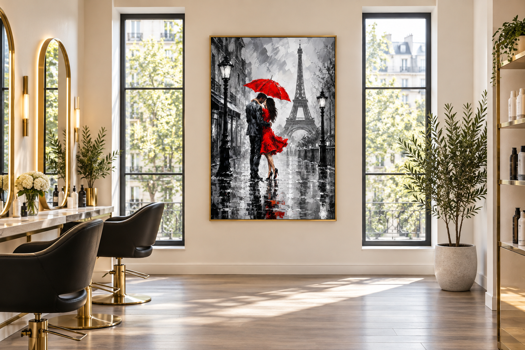 Romantic canvas art of a couple kissing under a red umbrella in Paris with the Eiffel Tower.