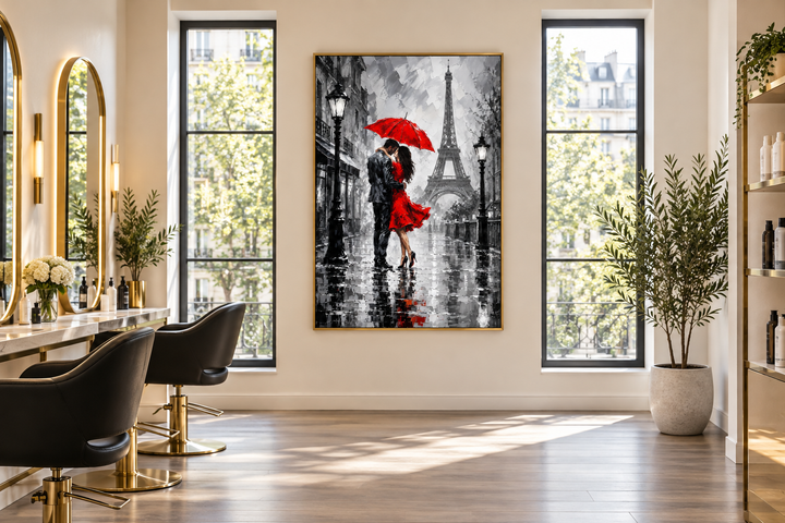 Romantic canvas art of a couple kissing under a red umbrella in Paris with the Eiffel Tower.