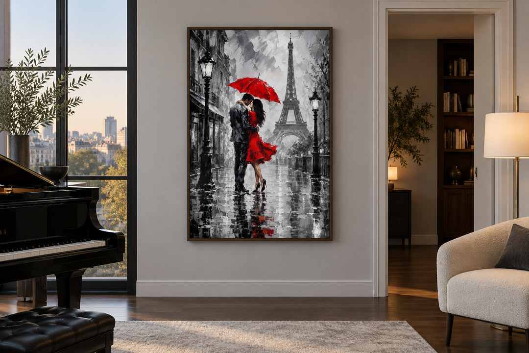 Romantic vertical canvas art of a couple kissing under a red umbrella in a grayscale Paris scene.