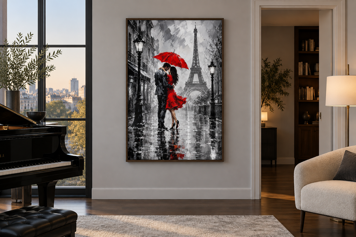 Romantic vertical canvas art of a couple kissing under a red umbrella in a grayscale Paris scene.