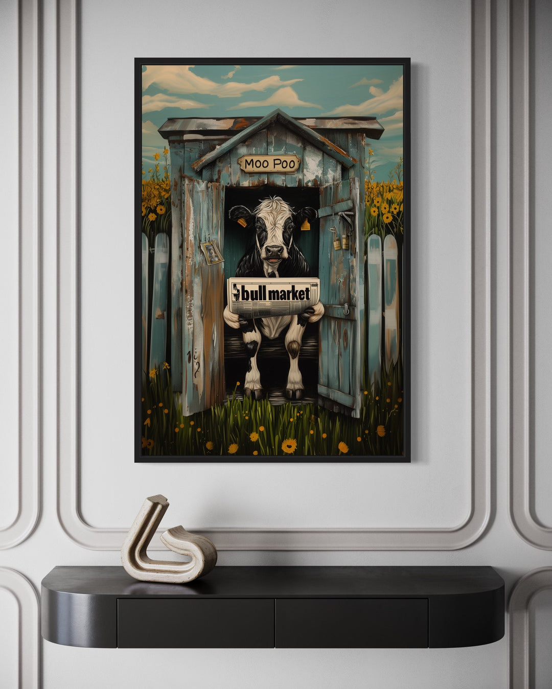 Cow In Outhouse Toilet In The Farm Reading Newspaper Framed Canvas Picture