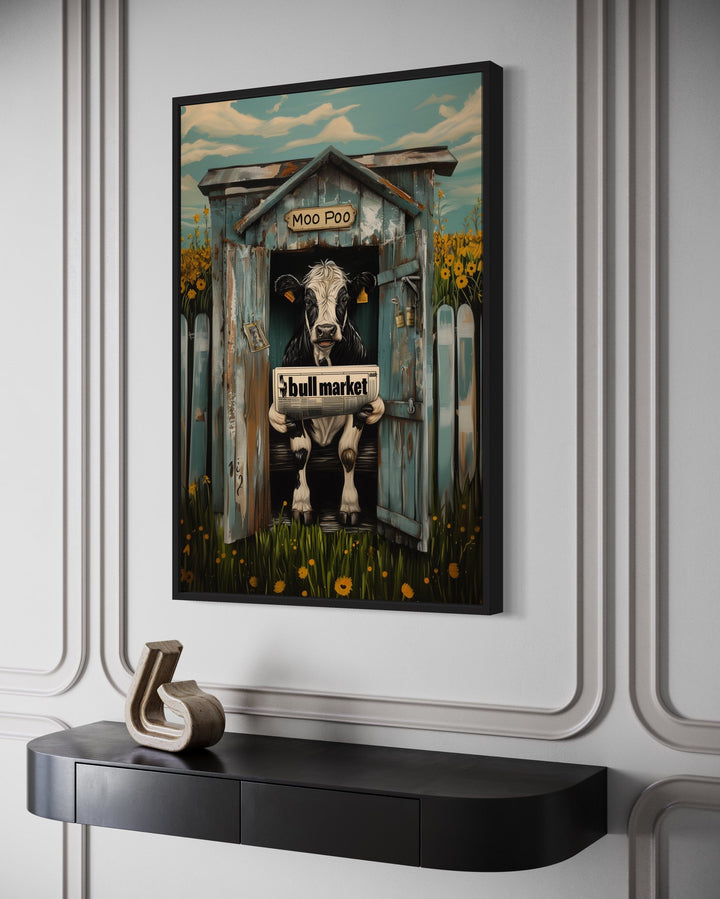 Cow In Outhouse Toilet In The Farm Reading Newspaper Framed Canvas Picture