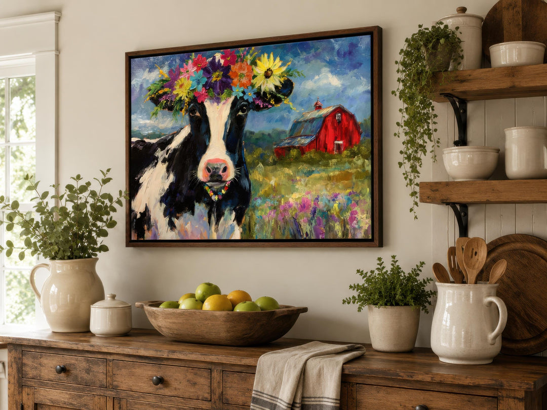 Whimsical canvas art of a cow in a flower crown displayed in a rustic farmhouse kitchen setting.