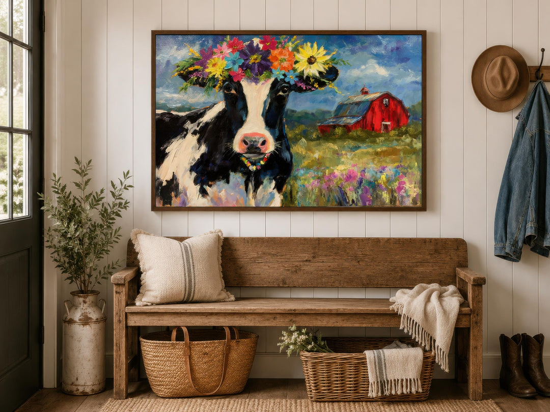 Whimsical canvas art of a cow in a flower crown hanging in a rustic farmhouse entryway.