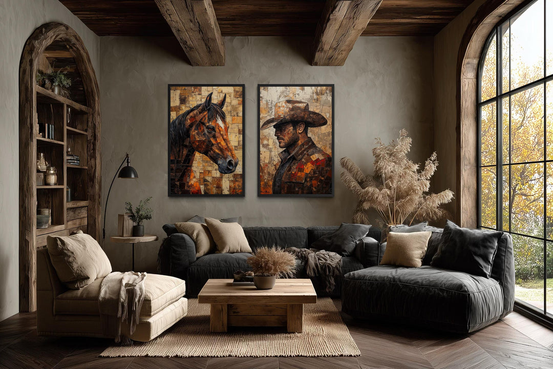 Set of two vertical canvas prints featuring a cowboy and a horse in a rustic, modern living room.