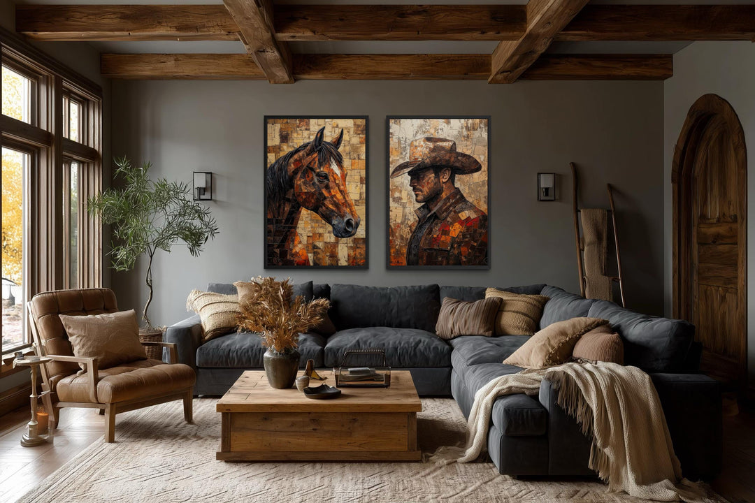 Set of two rustic canvas prints featuring a cowboy and a horse in a warm, earthy Western style.