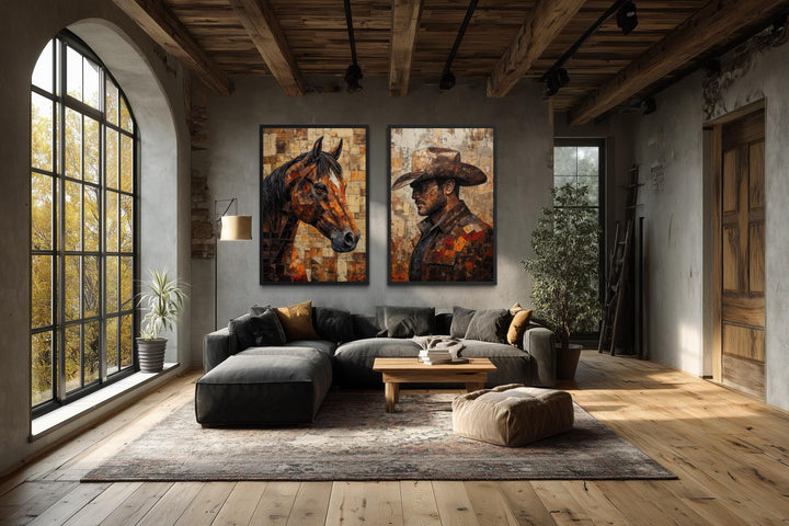 Set of two rustic canvas prints featuring a cowboy and a horse in a modern ranch-style living room.