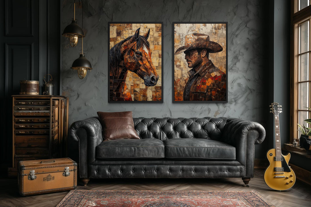 Set of two vertical canvas prints featuring a mosaic-style cowboy and horse in a rustic room.