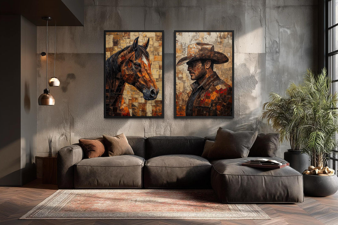 Set of two vertical canvas prints featuring a mosaic-style cowboy and horse in rustic earth tones.