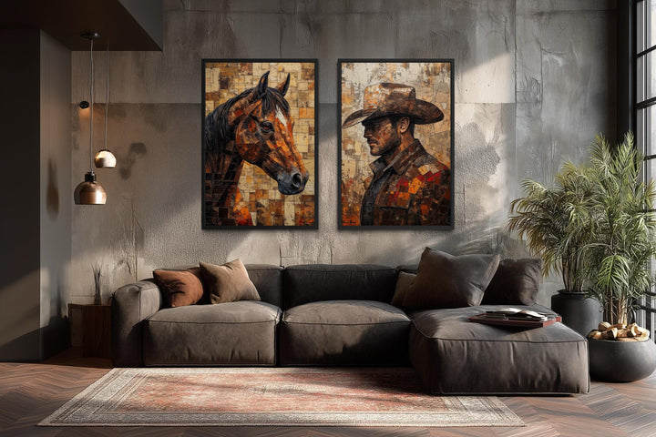 Set of two vertical canvas prints featuring a mosaic-style cowboy and horse in rustic earth tones.