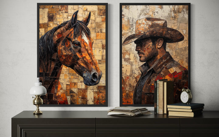 Two vertical canvas prints of a cowboy and a horse in a rustic, mosaic-style earth-tone painting.